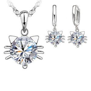 NEW 💎 Cat 925 Sterling Silver Pendant Earrings And Necklace Set Gift Day